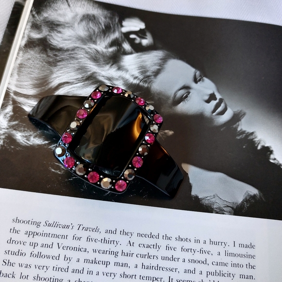 Vintage Barrette Bobby Pin Clip Paris Black Lucite Rhinestones 1990s - Picture 1 of 8